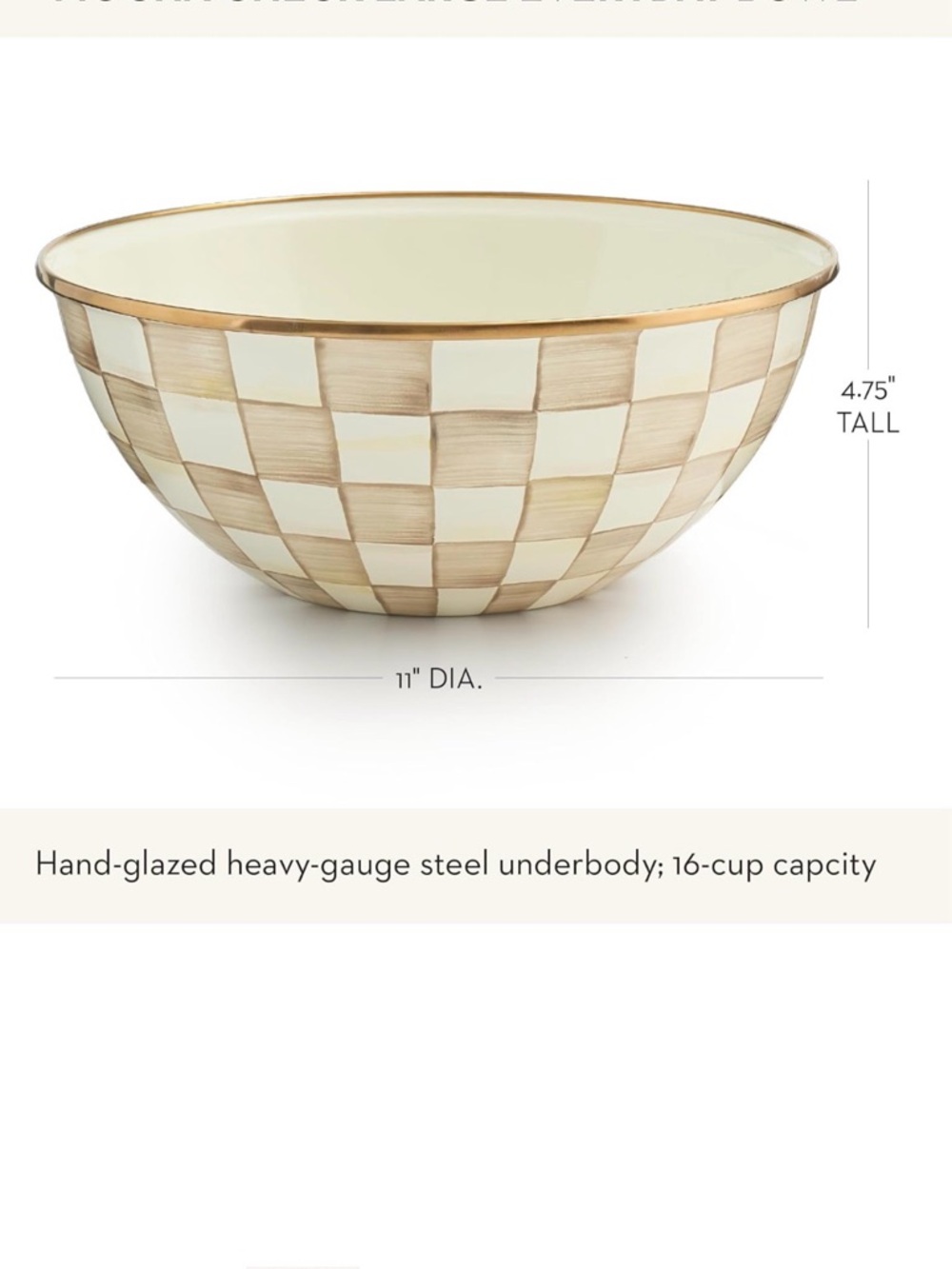Mackenzie Childs Mocha Check mixing Serving Bowl with Gold Rim Large new